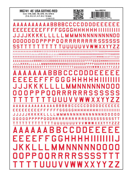 Dry Transfer Alphabet & Numbers - 45-Degree USA Gothic (Military Style) -- Red