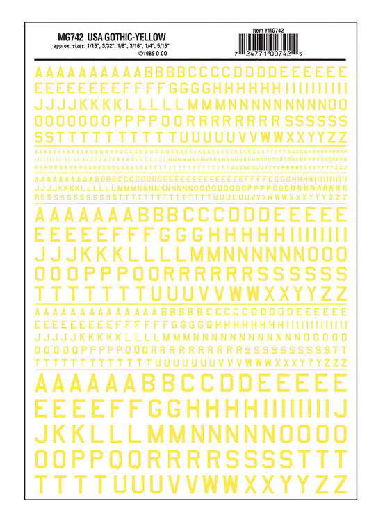 Dry Transfer Alphabet - 45 Degree USA Gothic (Military Style) -- Yellow