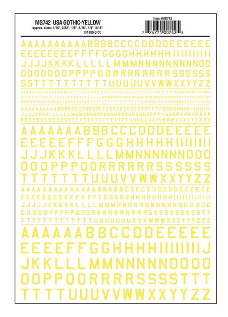 Dry Transfer Alphabet - 45 Degree USA Gothic (Military Style) -- Yellow