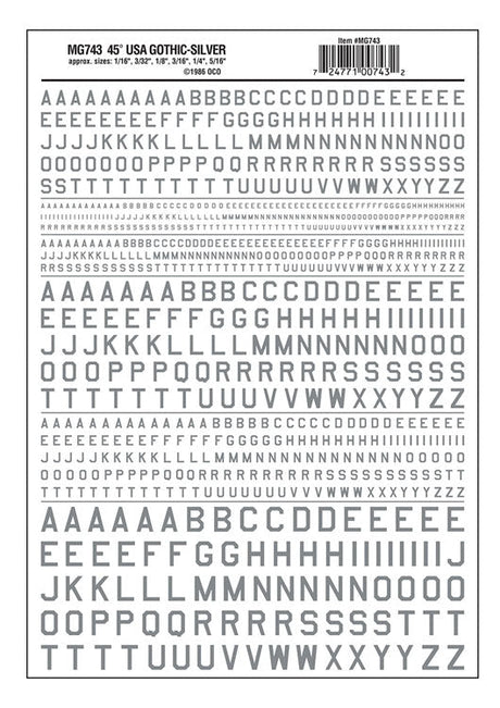 Dry Transfer Alphabet & Numbers - 45-Degree USA Gothic (Military Style) -- Silver