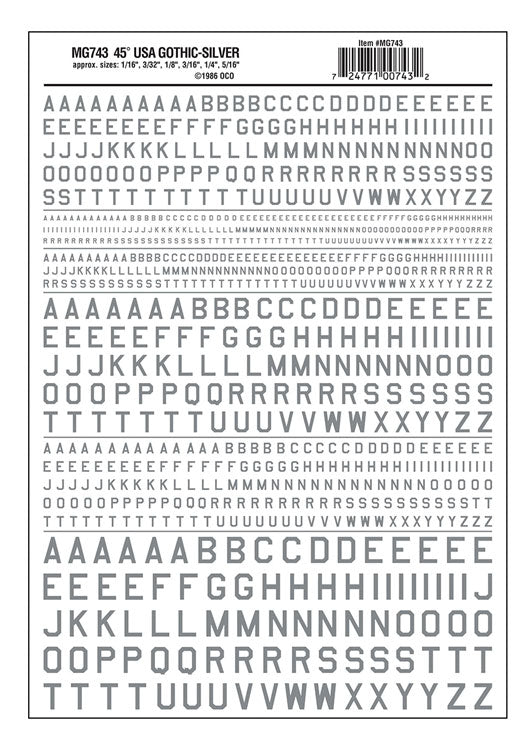 Dry Transfer Alphabet & Numbers - 45-Degree USA Gothic (Military Style) -- Silver