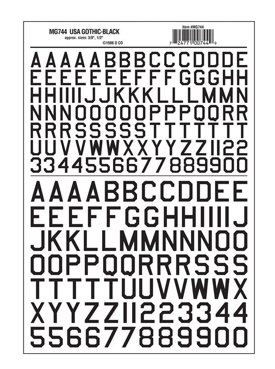 Dry Transfer Alphabet & Numbers - 45 Degree USA Gothic (Military; 3/8 & 1/2" -- Black