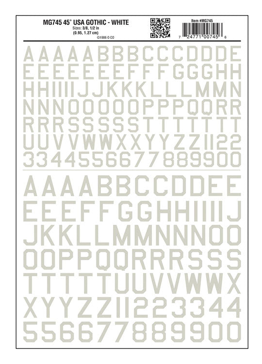 Dry Transfer Alphabet & Numbers - 45 Degree USA Gothic (Military; 3/8 & 1/2" -- White