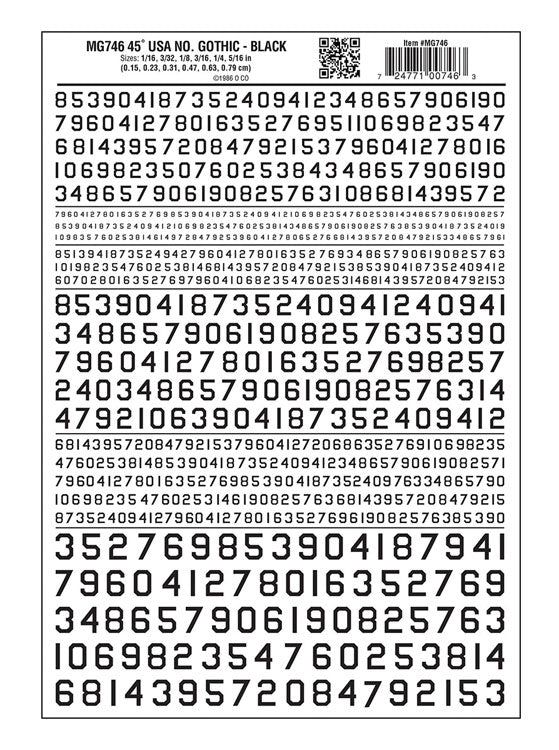 Dry Transfer Numbers Only - 45 Degree USA Gothic (Military Style) -- Black