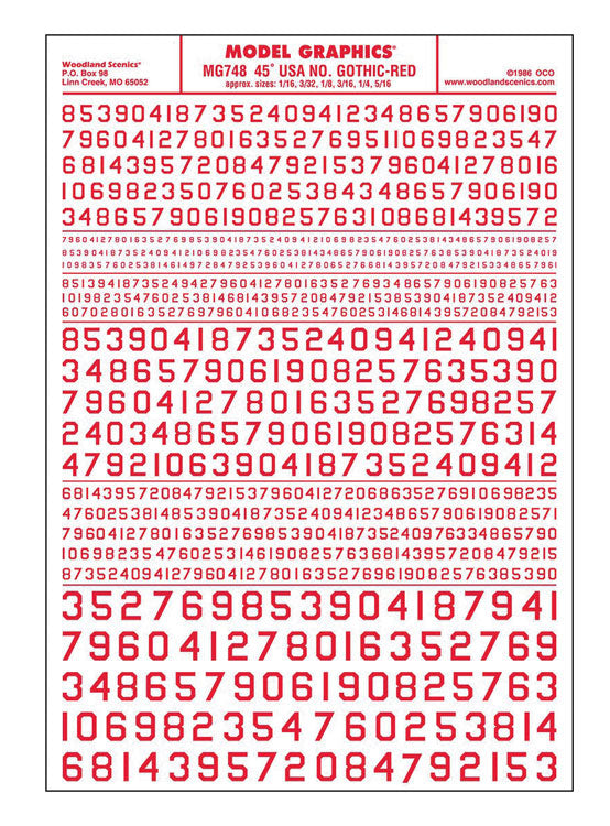 Dry Transfer Numbers Only - 45 Degree USA Gothic (Military Style) -- Red