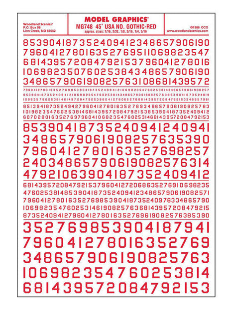 Dry Transfer Numbers Only - 45 Degree USA Gothic (Military Style) -- Red
