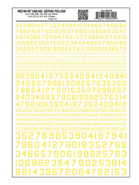 Dry Transfer Numbers Only - 45 Degree USA Gothic (Military Style) -- Yellow