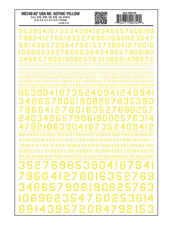 Dry Transfer Numbers Only - 45 Degree USA Gothic (Military Style) -- Yellow