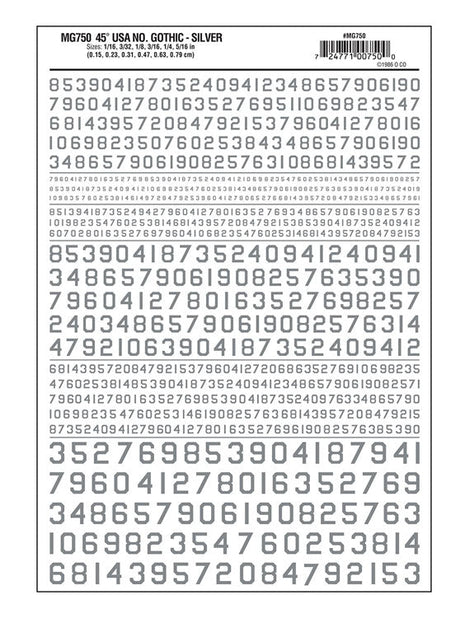 Dry Transfer Numbers Only - 45 Degree USA Gothic (Military Style) -- Silver
