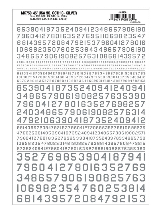 Dry Transfer Numbers Only - 45 Degree USA Gothic (Military Style) -- Silver