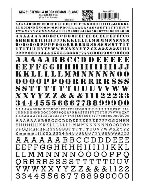 Dry Transfer Alphabet & Numbers - Stencil/Block Roman -- Black