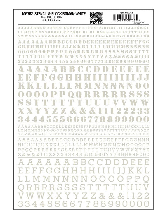 Dry Transfer Alphabet & Numbers - Stencil/Block Roman -- White