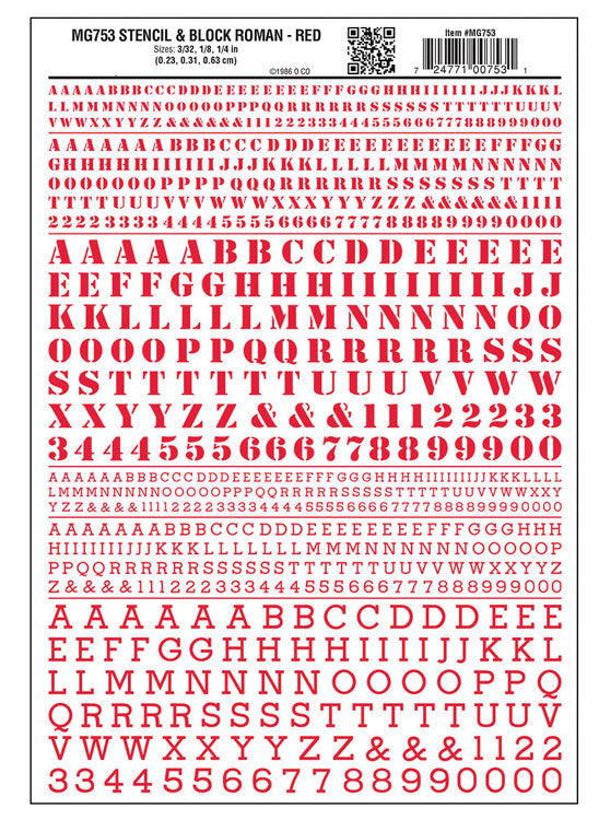 Dry Transfer Alphabet & Numbers - Stencil/Block Roman -- Red