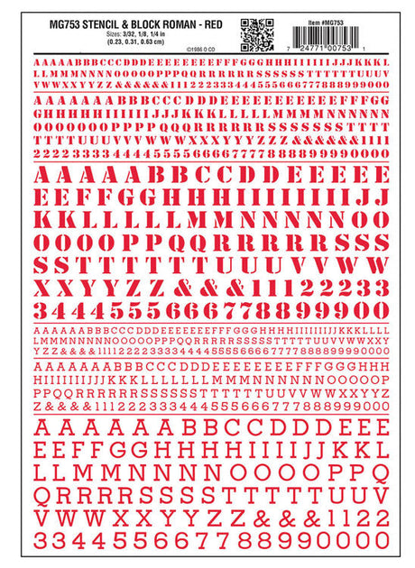 Dry Transfer Alphabet & Numbers - Stencil/Block Roman -- Red