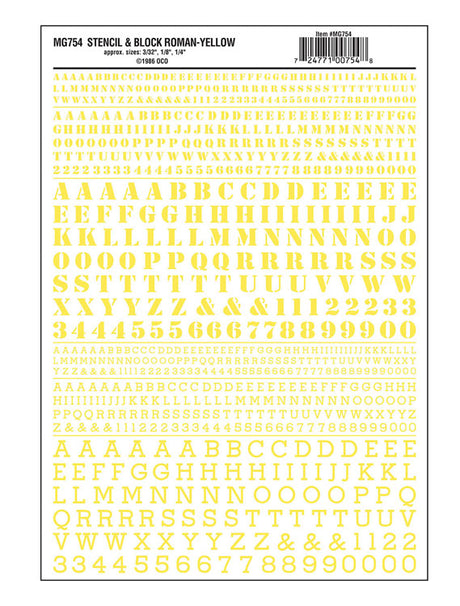 Dry Transfer Alphabet & Numbers - Stencil/Block Roman -- Yellow