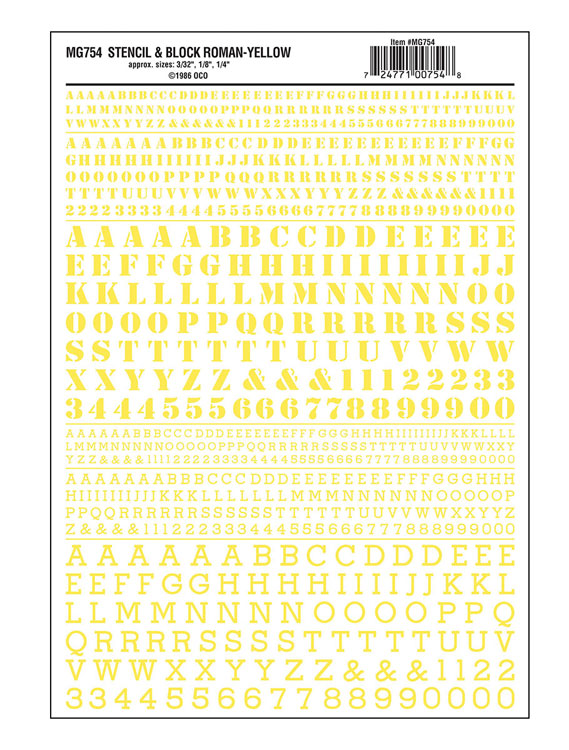 Dry Transfer Alphabet & Numbers - Stencil/Block Roman -- Yellow