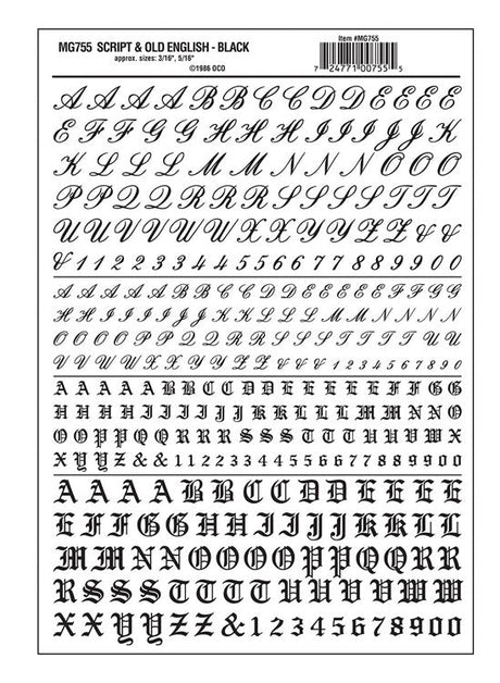 Dry Transfer Alphabet & Numbers - Script/Old English -- Black