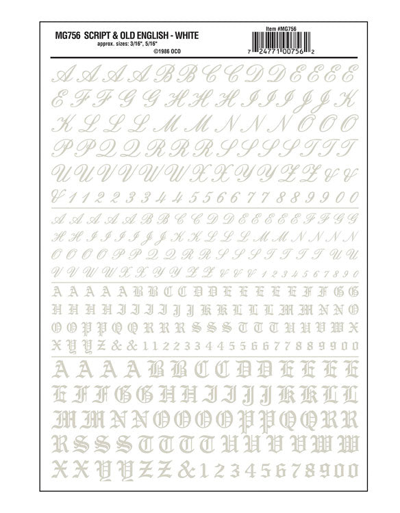 Dry Transfer Alphabet & Numbers - Script/Old English -- White
