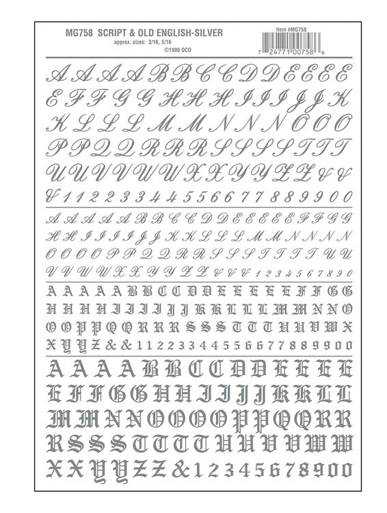 Dry Transfer Alphabet & Numbers - Script/Old English -- Silver