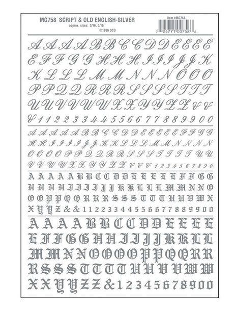 Dry Transfer Alphabet & Numbers - Script/Old English -- Silver