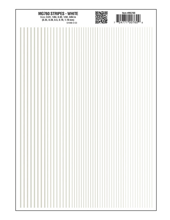 Dry Transfer Stripes - .010, 1/64, .022, 1/32 & 3/64" Wide -- White