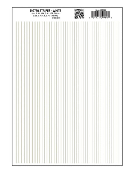 Dry Transfer Stripes - .010, 1/64, .022, 1/32 & 3/64" Wide -- White