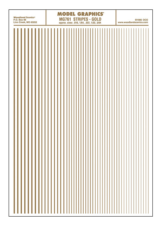 Dry Transfer Stripes - .010, 1/64, .022, 1/32 & 3/64" Wide -- Gold