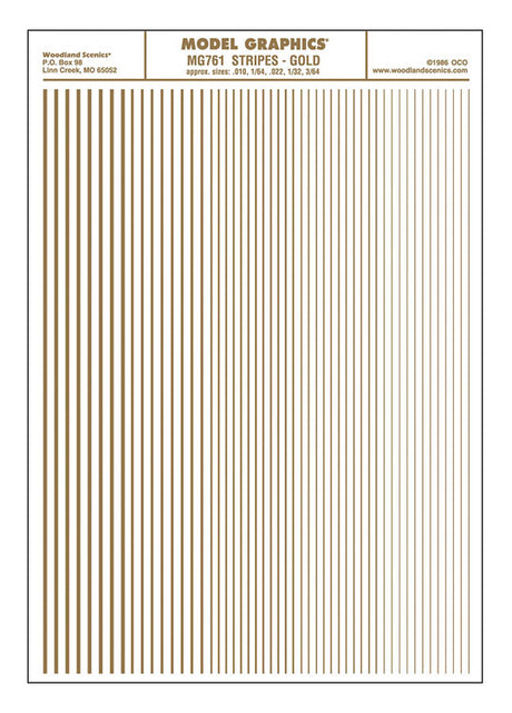 Dry Transfer Stripes - .010, 1/64, .022, 1/32 & 3/64" Wide -- Gold