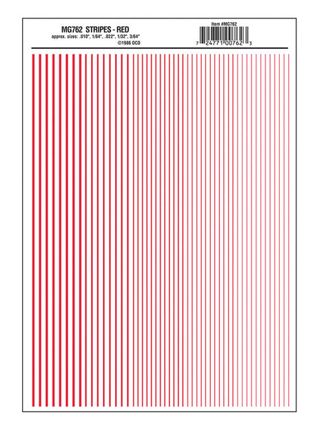 Dry Transfer Stripes - .010, 1/64, .022, 1/32 & 3/64" Wide -- Red