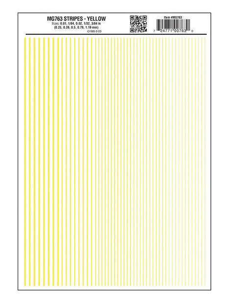 Dry Transfer Stripes - .010, 1/64, .022, 1/32 & 3/64" Wide -- Yellow