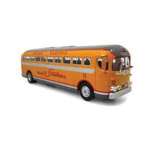 GM PD4151 Silversides Coach Bus - Assembled -- Union Pacific #12 (Armour Yellow, gray, red, Streamliners Slogan)-1