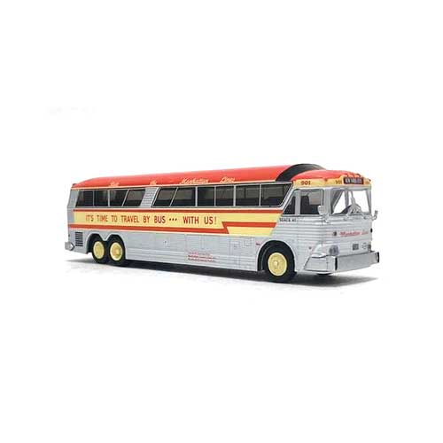 1970s MCI MC-7 Challenger Motorcoach Bus - Assembled -- Manhattan Lines (silver, yellow, red Destination NYC)