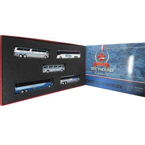 5-Bus Set - Assembled -- Greyhound Canada Tribute (5 Different Schemes)-2