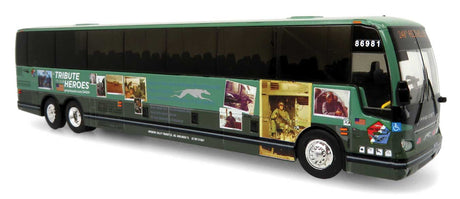 Prevost X345 Motorcoach Bus - Assembled -- Greyhound (Tribute to Heroes Special Scheme, green, color graphics)