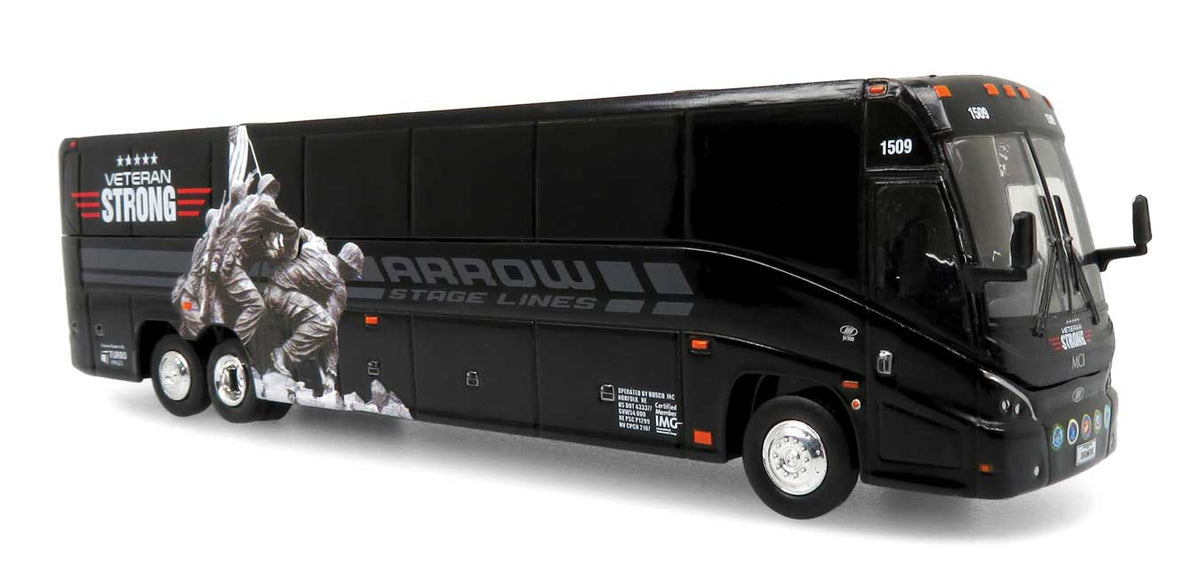 MCI J4500 Motorcoach Bus - Assembled -- Arrow Stage Lines (black, white, red, gray; Veterans Strong Commemorative)