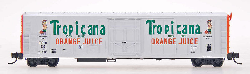 57' Mechanical Refrigerator Car - Ready to Run -- Tropicana (1983, white, green, orange ends, 2 figures, Updated Lettering)