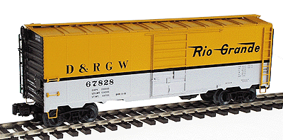 AAR 40' Single-Door Boxcar 1937 - Assembled, High-Rail -- Denver Rio Grande Western (Grande Gold over silver w/black stripe b/t colors)