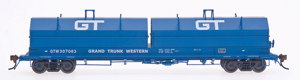 Evans 100-Ton Coil Car with Angled Hoods - Ready to Run -- Grand Trunk Western (blue, white, Logo on Hoods)-1