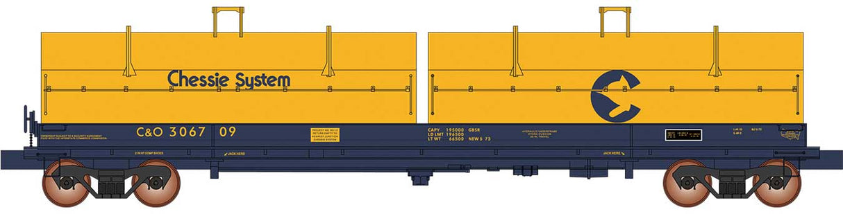 Evans 100-Ton Coil Car with Angled Hoods - Ready to Run -- Chessie System C&O (blue car, yellow hoods)