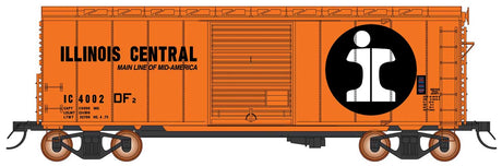 1937 AAR 10'6" Boxcar, 4-3-1 Improved Dreadnaught Ends, 6' Door - Ready to -- Illinois Central (orange, black, white, Large Logo)