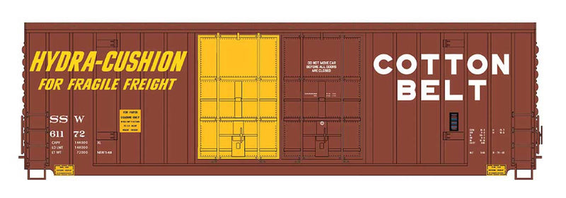 Gunderson 50' High-Cube Double-Door Boxcar with Peaked Roof - Ready to Run -- Cotton Belt SSW (Boxcar Red, yellow, white, Hydra Cushion Markings)