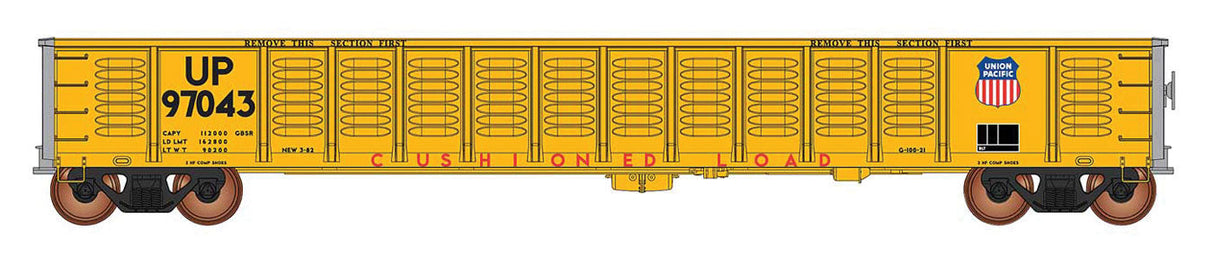52'6" Corrugated-Side Gondola - Ready to Run - Value Line -- Union Pacific (yellow, red, Cushioned Load Markings)