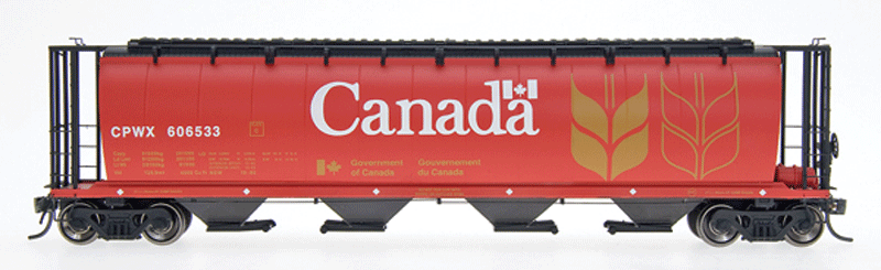 59' 4-Bay Cylindrical Covered Hopper - Trough Hatch Version - Ready to Run -- Government of Canada CPWX (red, yellow, black, white)