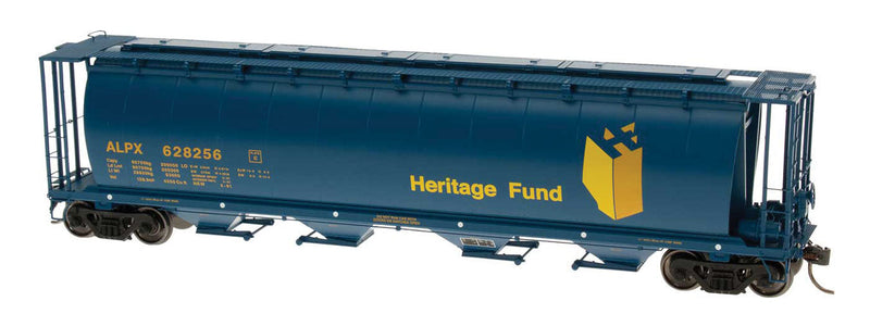 59' 4-Bay Cylindrical Covered Hopper - Trough Hatch Version - Ready to Run -- ALPX Alberta Heritage Fund (Blue w/gold Lettering & yellow Herald)