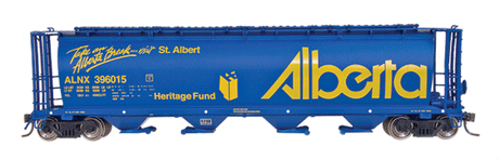 59' 4-Bay Cylindrical Covered Hopper - Trough Hatch Version - Ready to Run -- Alberta ALNX (Blue w/yellow Lettering, "Take An Alberta Break..." Slogan)