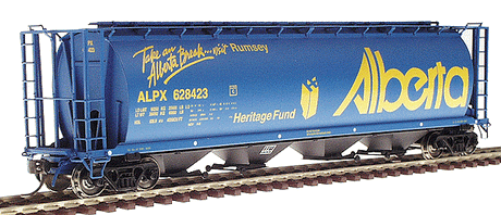 59' 4-Bay Cylindrical Covered Hopper - Trough Hatch Version - Ready to Run -- Alberta ALPX (Blue w/yellow Lettering, "Take An Alberta Break..." Slogan)