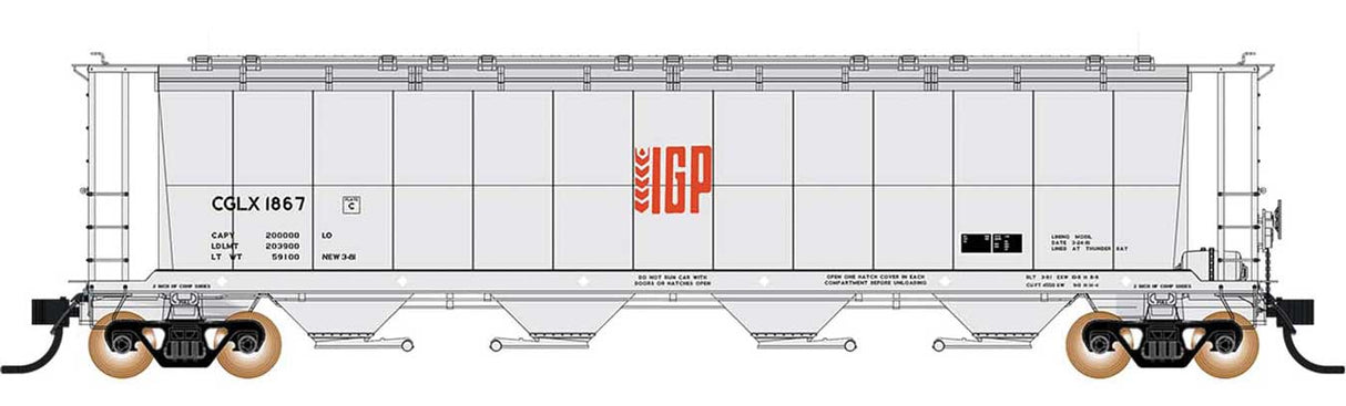 59' 4-Bay Cylindrical Covered Hopper - Trough Hatch Version - Ready to Run -- IGP CGLX (gray, orange)