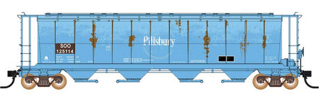 59' 4-Bay Cylindrical Covered Hopper - Trough Hatch Version - Ready to Run -- Soo Line (Weathered, Patched Ex-Pillsbury, blue, white)