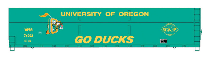FMC Welded-Side Wood Chip Gondola - Ready to Run - Value Line -- Willamette & Pacific #74002 (Univ. on Oregon Ducks, green, Team Logo)