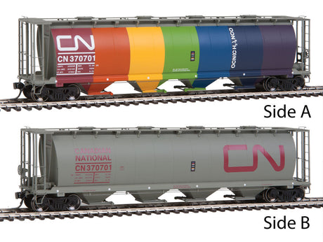 59' 4-Bay Cylindrical Covered Hopper w/Round Hatches - Ready to Run -- Canadian National (1970 Rainbow Display Car)